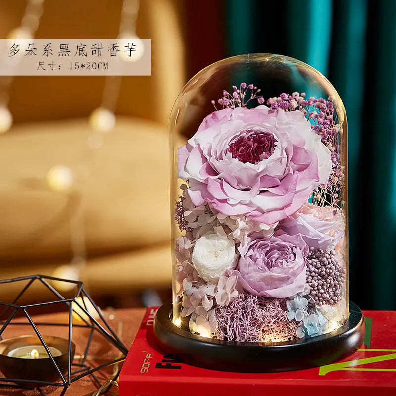 Eternal Flowers Preserved Rose In Glass Dome Cover Artificial Flower with Light Valentine's Day Christmas for Women Gift Box