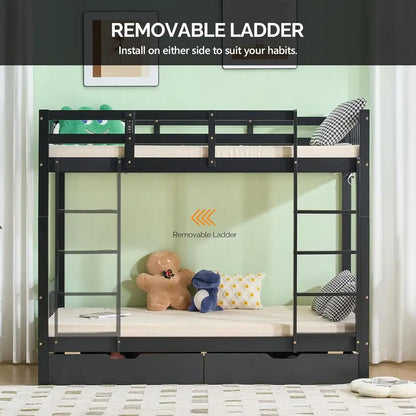 Twin Over Twin Solid Wood Bunk Bed with Storage Drawers, RGB LED, Charging Station, and Safety Rail for Kids - Black