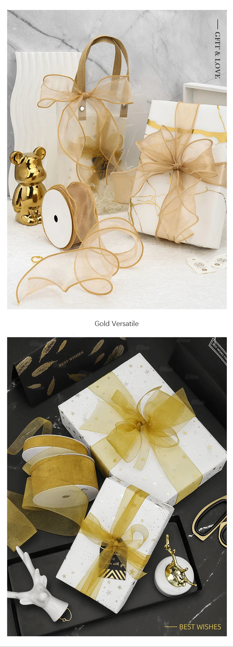 Gold Series Ribbon Birthday Happy Cake Baking Gift Decoration Flower Bundle Packaging Valentine's Day Wedding Party