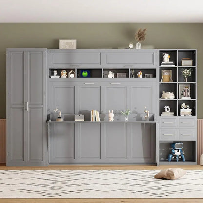 Grey Queen-Size Horizontal Murphy Bed with Desk, Storage Wardrobe, Drawers, and Shelves for Bedroom or Office