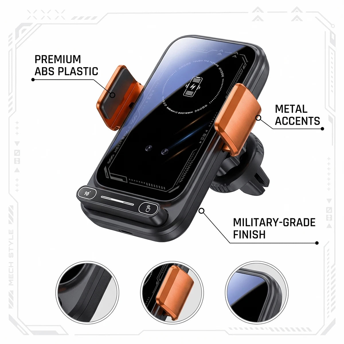 Smart Sensing Car Phone Holder 15W Qi Wireless Charging Motorized Rotation One-Touch Release & Clamping Rotatable Cable Port
