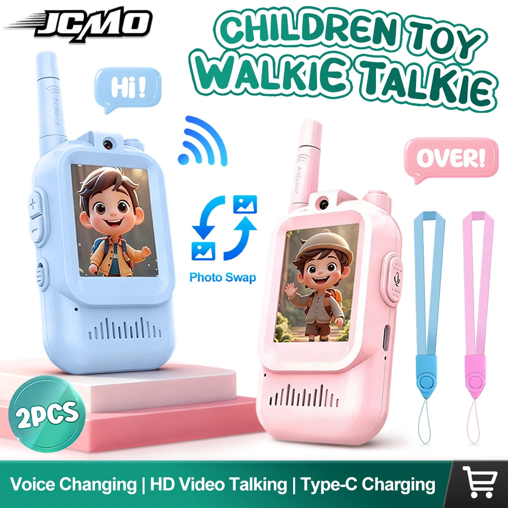 JCMO Video Walkie Talkies for Kids 2 Pack Funny Voice Change Rechargeable Toys for Indoor Camping Travel Birthday Gifts for Kids