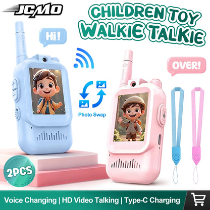 JCMO Video Walkie Talkies for Kids 2 Pack Funny Voice Change Rechargeable Toys for Indoor Camping Travel Birthday Gifts for Kids