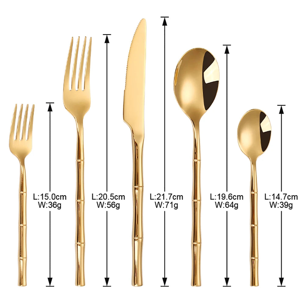 6/24/30Pcs Stainless Steel 304 Tableware Gold Cutlery Set Western Bamboo Shaped Handle Knife Fork Spoon Mirror Dinner Set
