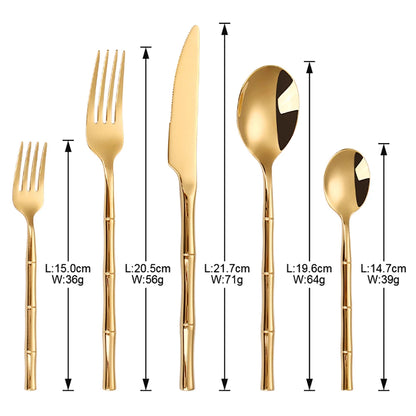 6/24/30Pcs Stainless Steel 304 Tableware Gold Cutlery Set Western Bamboo Shaped Handle Knife Fork Spoon Mirror Dinner Set