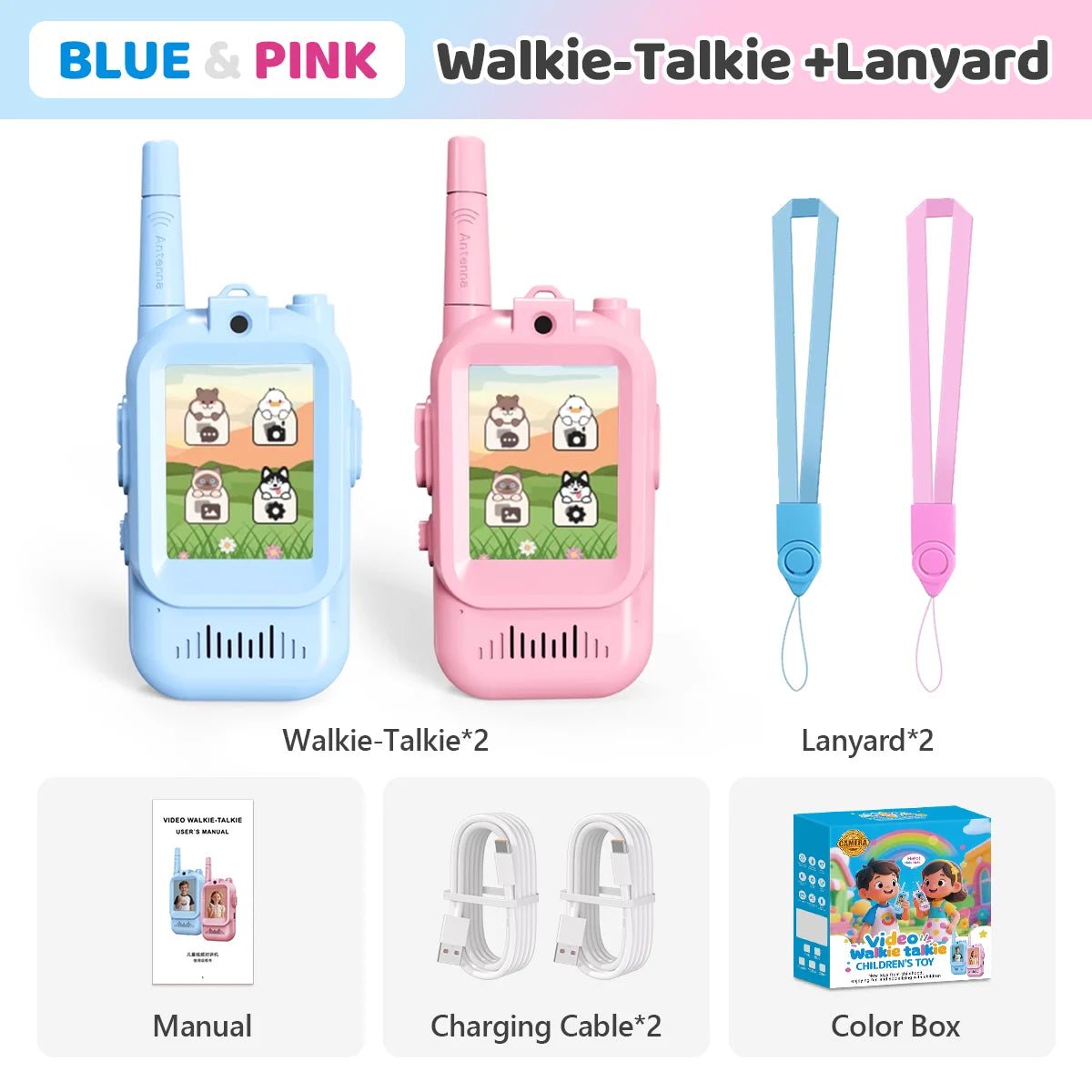 JCMO Video Walkie Talkies for Kids 2 Pack Funny Voice Change Rechargeable Toys for Indoor Camping Travel Birthday Gifts for Kids