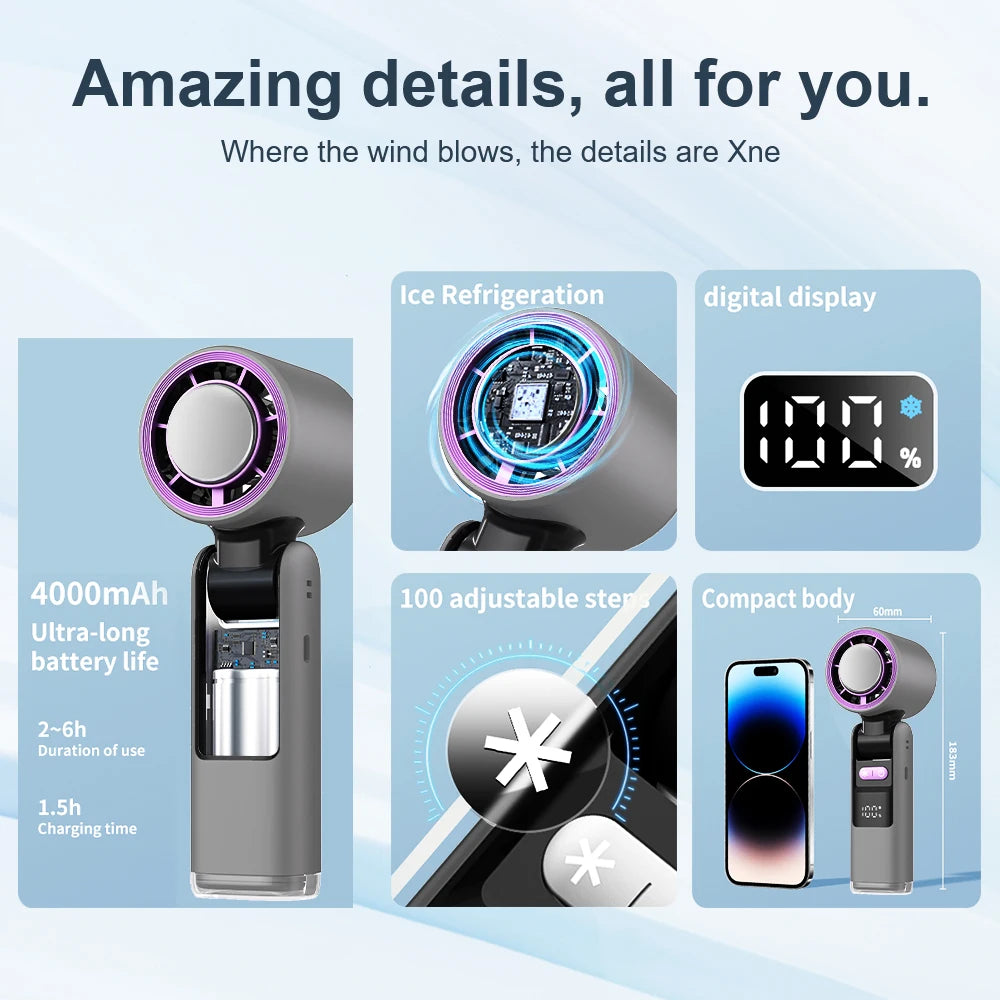 Ice Cooling Handheld Fan 13000rpm with Ice Cooler Rechargeable Small Pocket Fans 3-in-1 Portable Fan Speed(100)