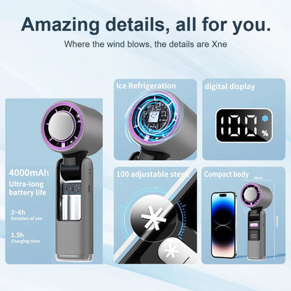 Ice Cooling Handheld Fan 13000rpm with Ice Cooler Rechargeable Small Pocket Fans 3-in-1 Portable Fan Speed(100)