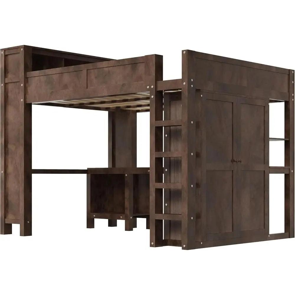 Queen-Sized Wooden Bed with Built-in Wardrobe, Desk, Storage, and USB Ports - Modern Space-Saving Design for Compact Rooms (Brow