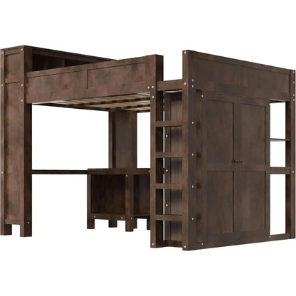 Queen-Sized Wooden Bed with Built-in Wardrobe, Desk, Storage, and USB Ports - Modern Space-Saving Design for Compact Rooms (Brow