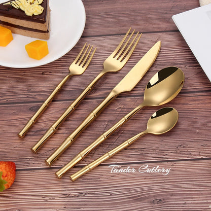 6/24/30Pcs Stainless Steel 304 Tableware Gold Cutlery Set Western Bamboo Shaped Handle Knife Fork Spoon Mirror Dinner Set