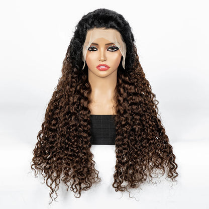 300% Density Ombre 30 Inches Water Wave Wavy Curly Human Hair Wigs 13x4 Transparent Lace Frontal Human Hair Wig for Women