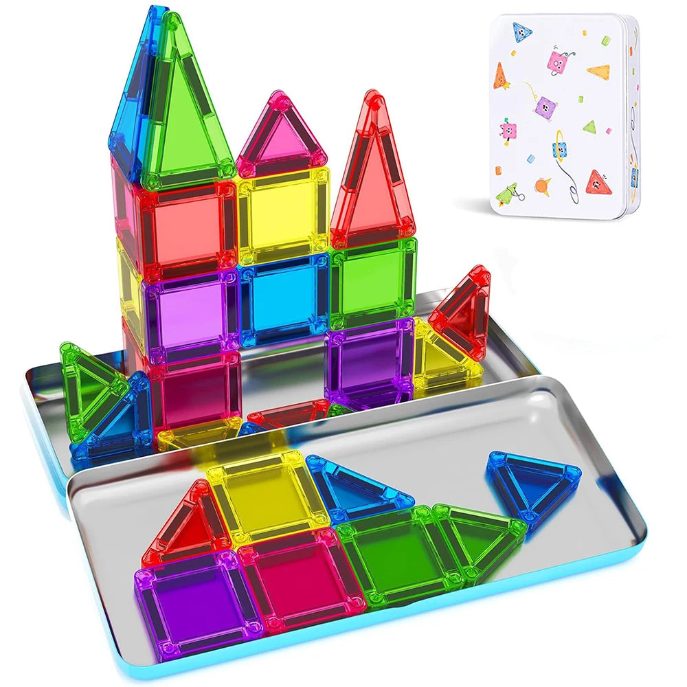 Mini Magnetic Tiles With Metal Storage Box Magnetic Building Blocks Kids Games Portable Montessori Education Toys For New Year