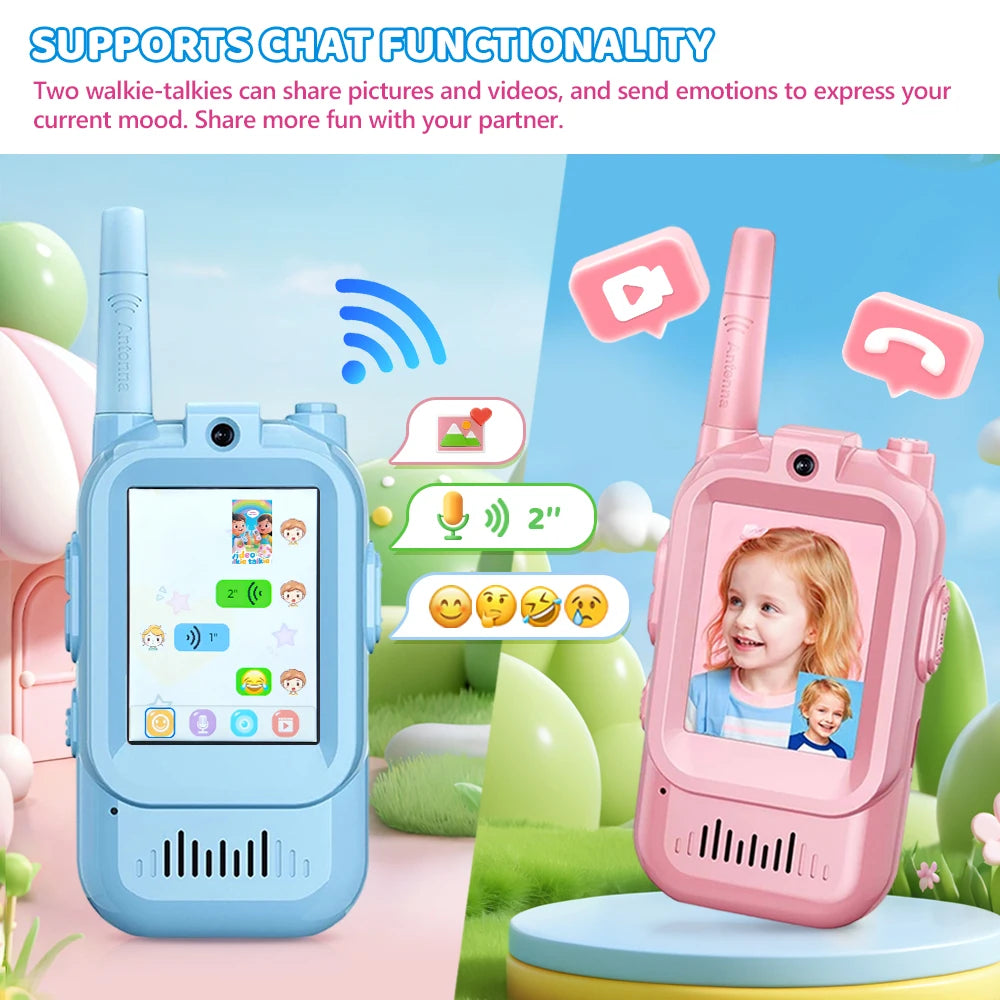 JCMO Video Walkie Talkies for Kids 2 Pack Funny Voice Change Rechargeable Toys for Indoor Camping Travel Birthday Gifts for Kids