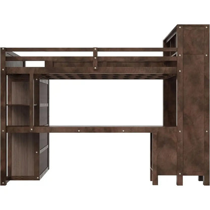Queen-Sized Wooden Bed with Built-in Wardrobe, Desk, Storage, and USB Ports - Modern Space-Saving Design for Compact Rooms (Brow