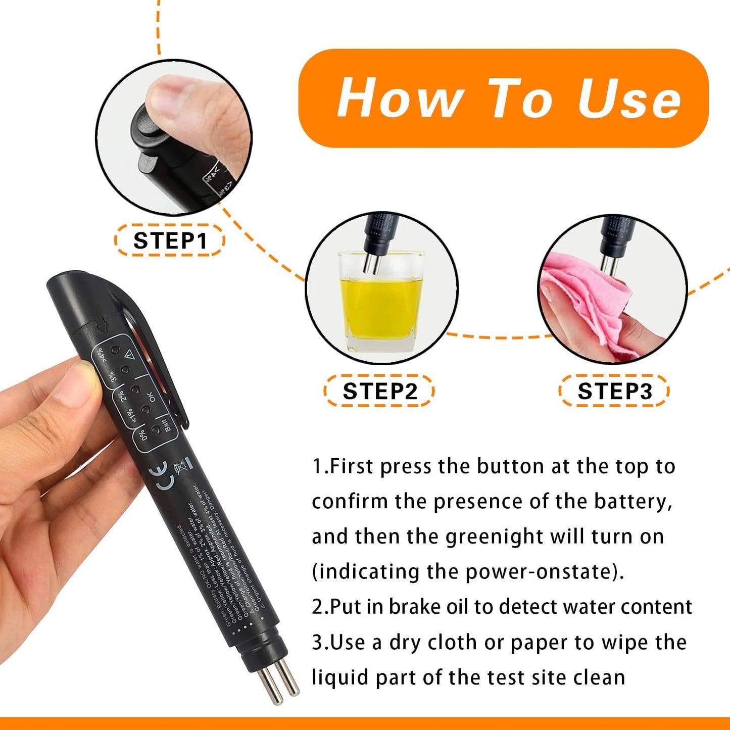 Car Brake Diagnostic Testing Tool Brake Fluid Tester Pen with 5 LED Indicators Hydraulic Fluid Liquid Oil Moisture Analyzer