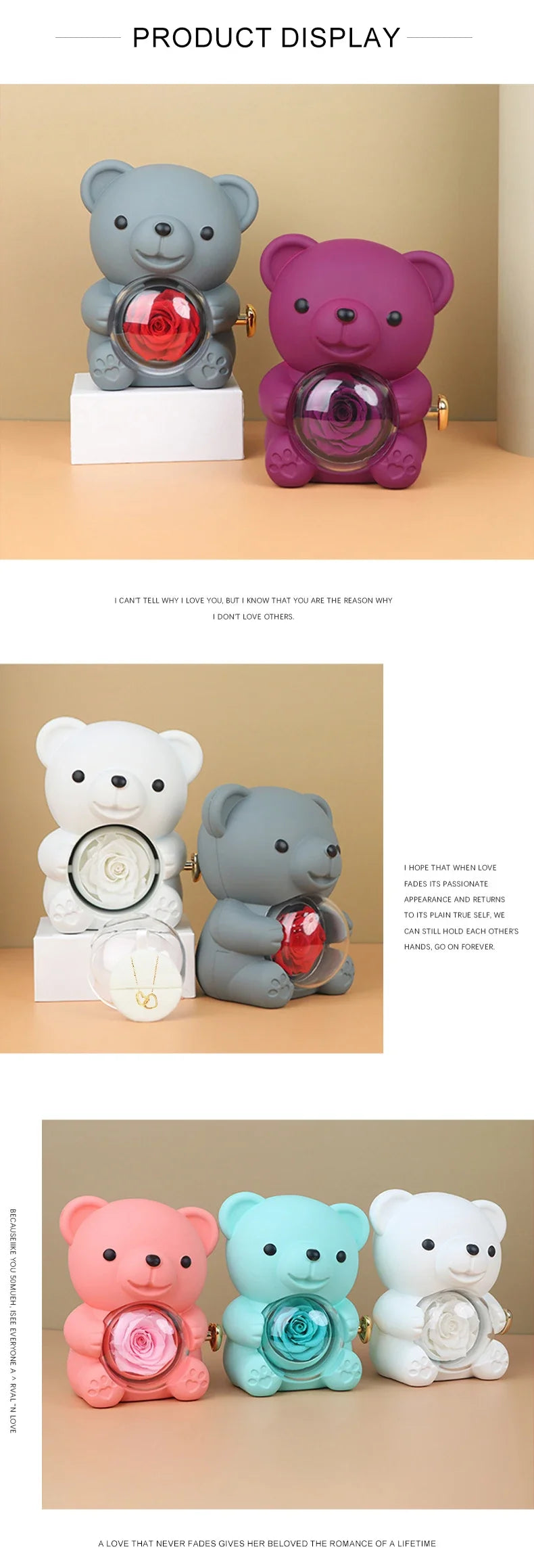 New Rotating Hugging Bear Rose Jewelry Box Eternal Flower Gift Box for Girl Mother's Day Valentine's Day Christmas Gift