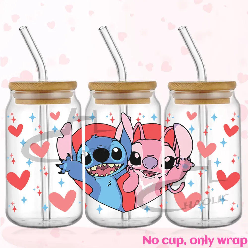 Valentine's Day Stitch 16oz UV DTF Cup Wrap Libbey Glass Can Tumbler UV Wrap Transfer Sticker Waterproof Adhesive Without Cup