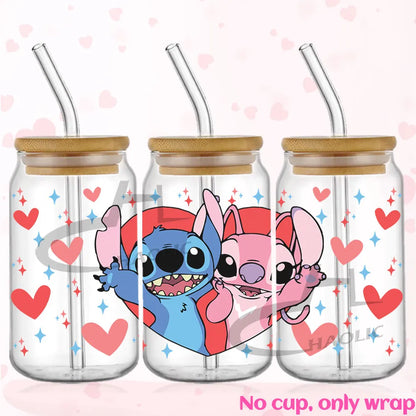 Valentine's Day Stitch 16oz UV DTF Cup Wrap Libbey Glass Can Tumbler UV Wrap Transfer Sticker Waterproof Adhesive Without Cup