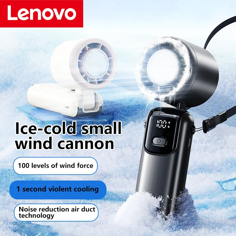 Lenovo Ice Cooling Fan 100 Speeds Turbo Handheld Portable USB Desk Fan Foldable/Hangable for Outdoor Fast Chill Ice Compress