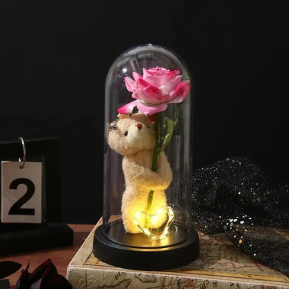 Eternal Rose in Glass Dome Artificial Flower with Bear Desk Accessories Christmas Valentine's Day Gifts Party Favors