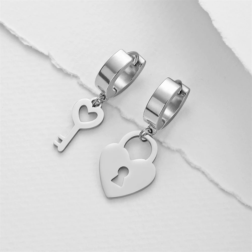 Amaxer Stainless Steel Earring Romantic Heart Lock Key Drop Earrings for Women Wedding Lover Valentine's Day Jewelry Party Gift
