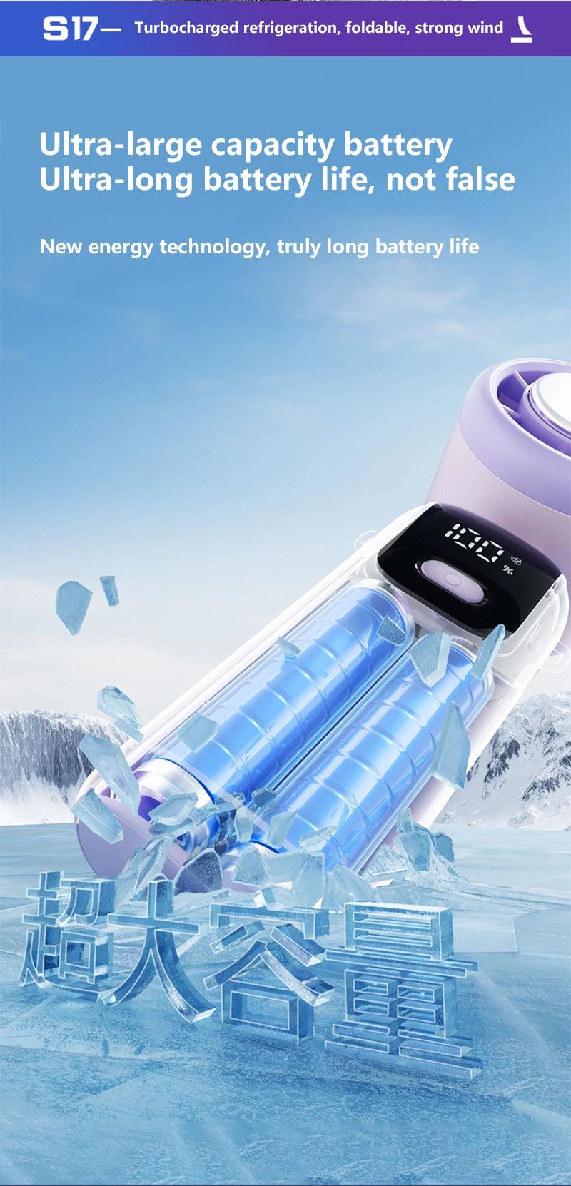 Lenovo Ice Cooling Fan 100 Speeds Turbo Handheld Portable USB Desk Fan Foldable/Hangable for Outdoor Fast Chill Ice Compress