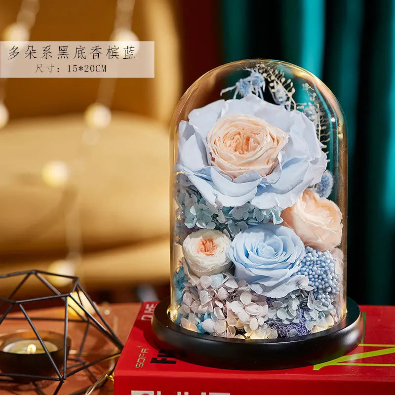 Eternal Flowers Preserved Rose In Glass Dome Cover Artificial Flower with Light Valentine's Day Christmas for Women Gift Box