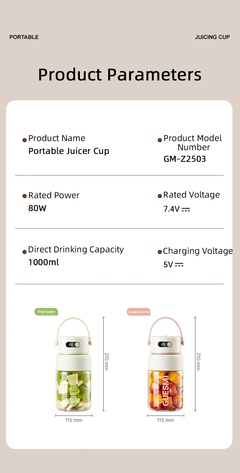 1000ML Portable Blender USB Electric Juicer Fruit Mixers Fruit Home Smoothies Mixer Multifunctional Juice Maker Machine Blender