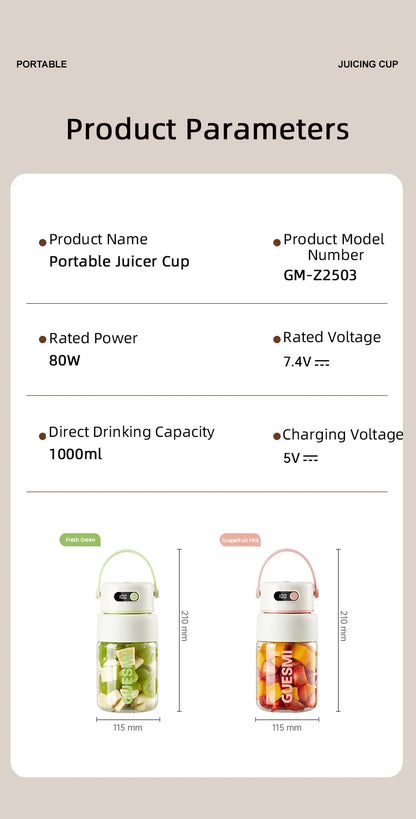1000ML Portable Blender USB Electric Juicer Fruit Mixers Fruit Home Smoothies Mixer Multifunctional Juice Maker Machine Blender