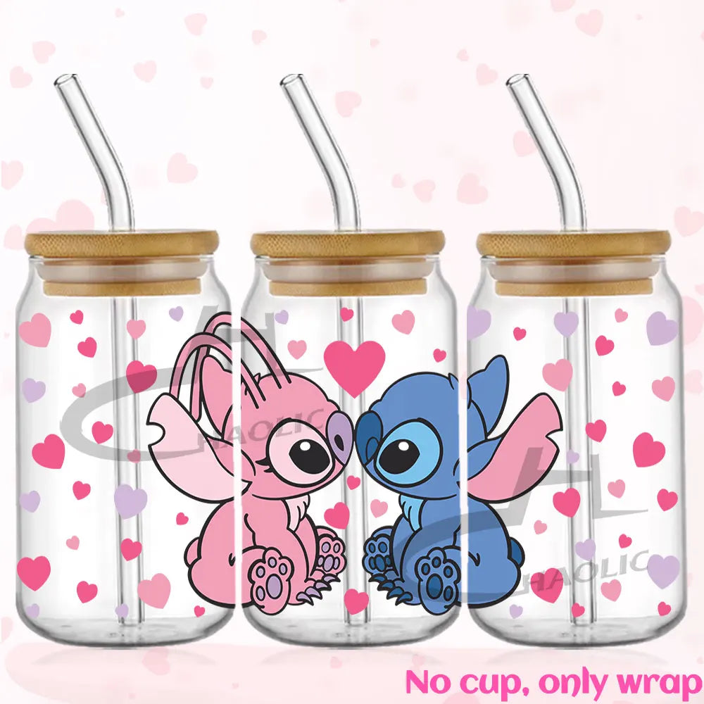 Valentine's Day Stitch 16oz UV DTF Cup Wrap Libbey Glass Can Tumbler UV Wrap Transfer Sticker Waterproof Adhesive Without Cup