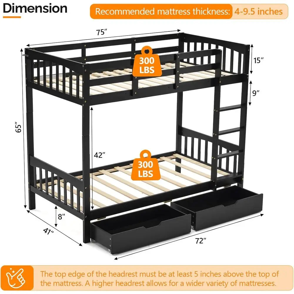 Twin Over Twin Solid Wood Bunk Bed with Storage Drawers, RGB LED, Charging Station, and Safety Rail for Kids - Black