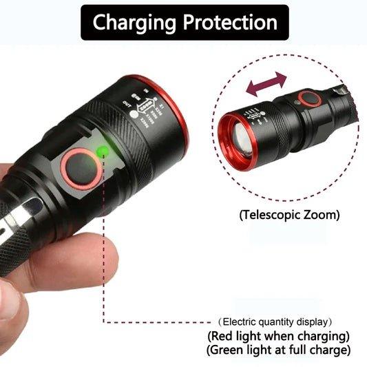 High Lumen LED Flashlight 18650 Rechargeable Flashlights Waterproof Zoom Torch for Camping Hiking Fishing Hunting