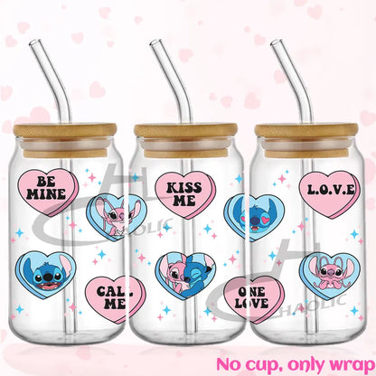 Valentine's Day Stitch 16oz UV DTF Cup Wrap Libbey Glass Can Tumbler UV Wrap Transfer Sticker Waterproof Adhesive Without Cup