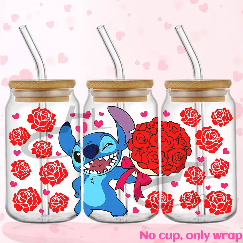 Valentine's Day Stitch 16oz UV DTF Cup Wrap Libbey Glass Can Tumbler UV Wrap Transfer Sticker Waterproof Adhesive Without Cup