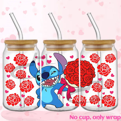 Valentine's Day Stitch 16oz UV DTF Cup Wrap Libbey Glass Can Tumbler UV Wrap Transfer Sticker Waterproof Adhesive Without Cup