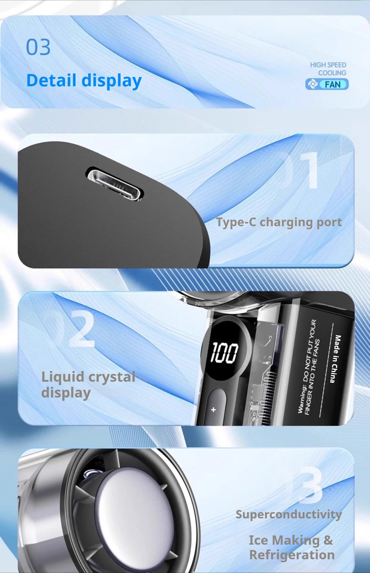 Handheld Small Fan Portable Ice Pack Cooling Fan 3/100-speed Adjustable Wind Speed Long Battery Life Silent Outdoor Electric Fan