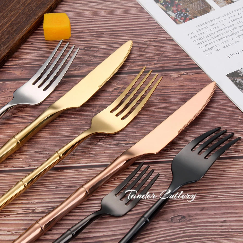 6/24/30Pcs Stainless Steel 304 Tableware Gold Cutlery Set Western Bamboo Shaped Handle Knife Fork Spoon Mirror Dinner Set