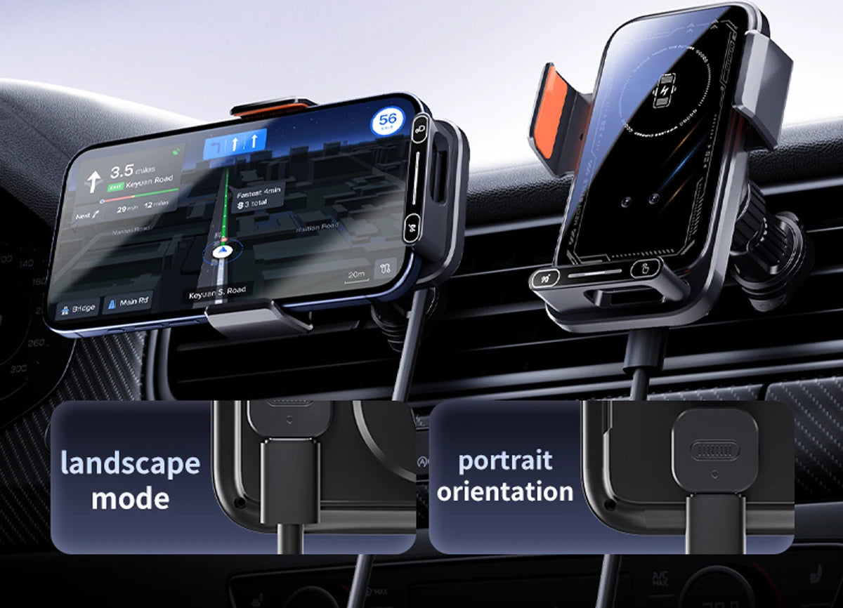 Smart Sensing Car Phone Holder 15W Qi Wireless Charging Motorized Rotation One-Touch Release & Clamping Rotatable Cable Port