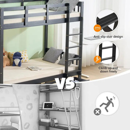 Twin Over Twin Solid Wood Bunk Bed with Storage Drawers, RGB LED, Charging Station, and Safety Rail for Kids - Black