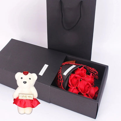 1Pc Handmade 7 Rose Soap Bouquet Little Bear Gift Box Creative Valentine's Day Mother's Day Birthday Party Rose Flower Gifts