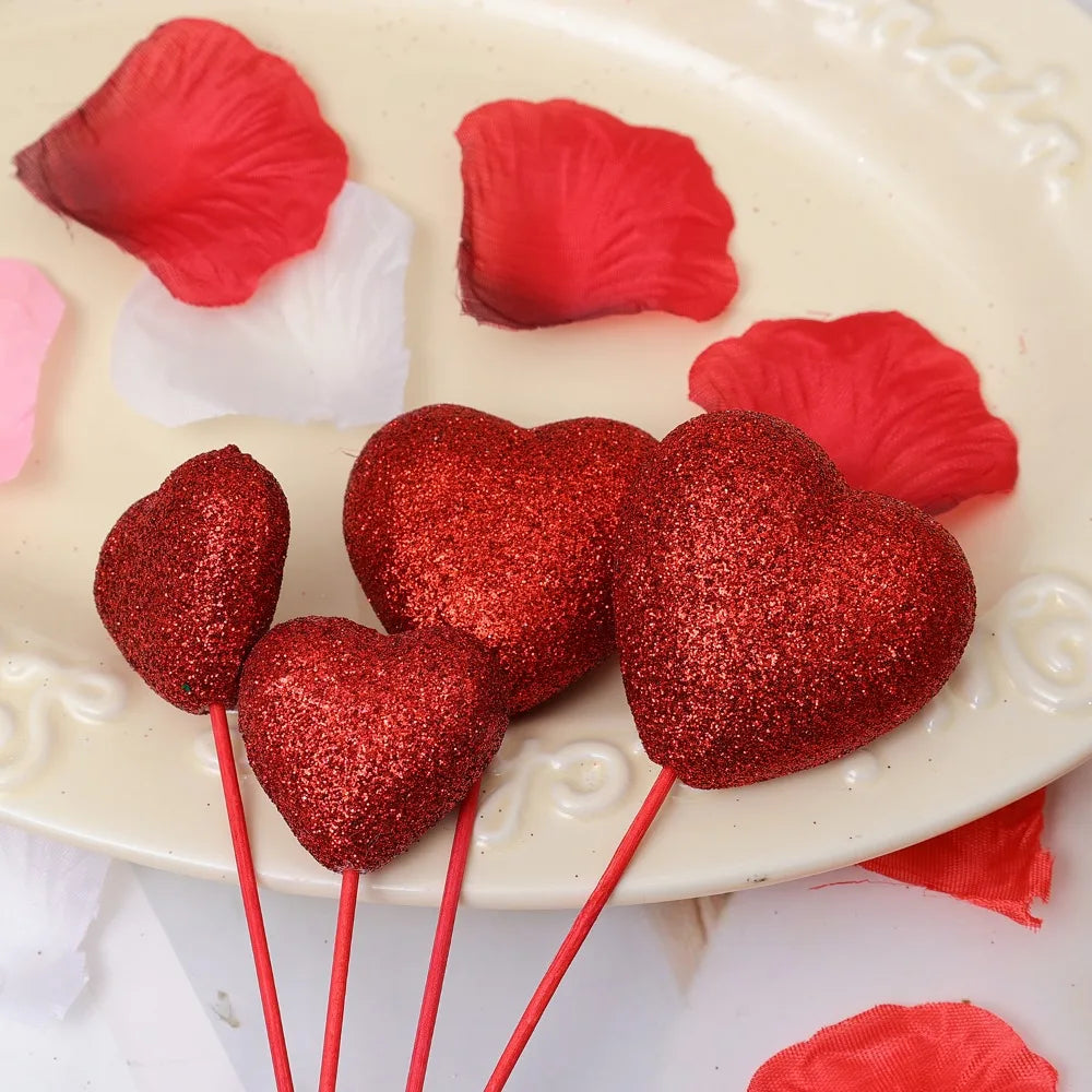 Glitter Foam Hearts Picks Stick Valentine's Day Flower Bouquet Home Vase Pick Wedding Cake Topper Decor Bouquet Glitter Ornament