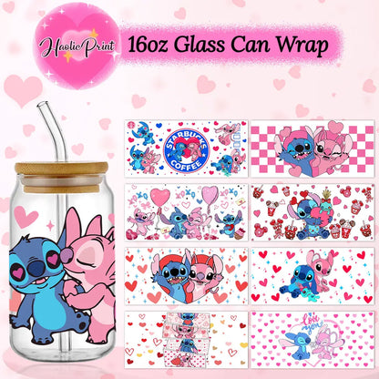 Valentine's Day Stitch 16oz UV DTF Cup Wrap Libbey Glass Can Tumbler UV Wrap Transfer Sticker Waterproof Adhesive Without Cup