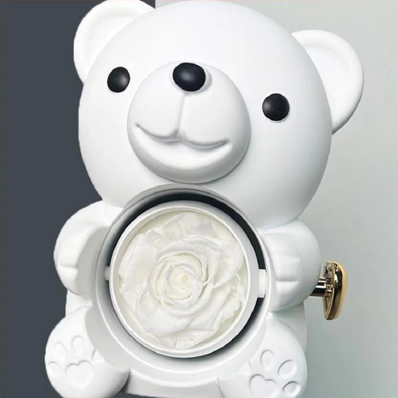 New Rotating Hugging Bear Rose Jewelry Box Eternal Flower Gift Box for Girl Mother's Day Valentine's Day Christmas Gift