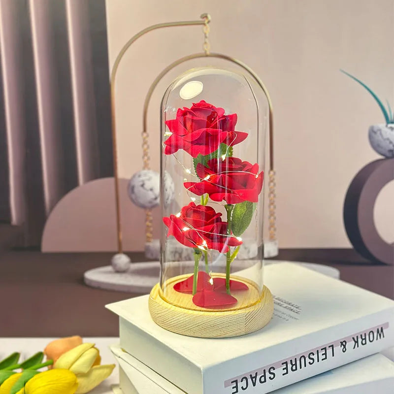 1PC Valentine's Day artificial flowers three rose glass cover Mother's Day wedding season Valentine's Day gift for his wife.