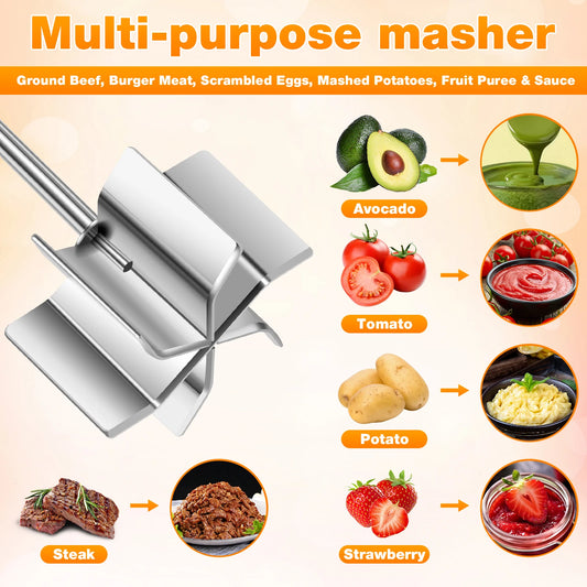 Stainless Steel Meat Chopper Masher Heavy Duty 6 Curve Blades Ground Beef Chopper Tool with Wooden Handle Heat Resistant Meat