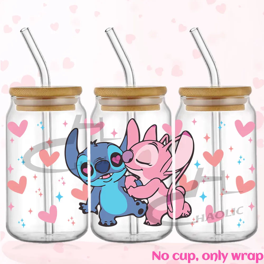 Valentine's Day Stitch 16oz UV DTF Cup Wrap Libbey Glass Can Tumbler UV Wrap Transfer Sticker Waterproof Adhesive Without Cup