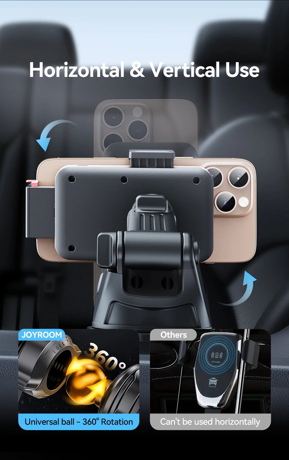 Joyroom Car Phone Holder 15W Wireless Charging Car Holder Charger 360° Rotation One-Hand Operation Car Phone Mount For  4.7-7''