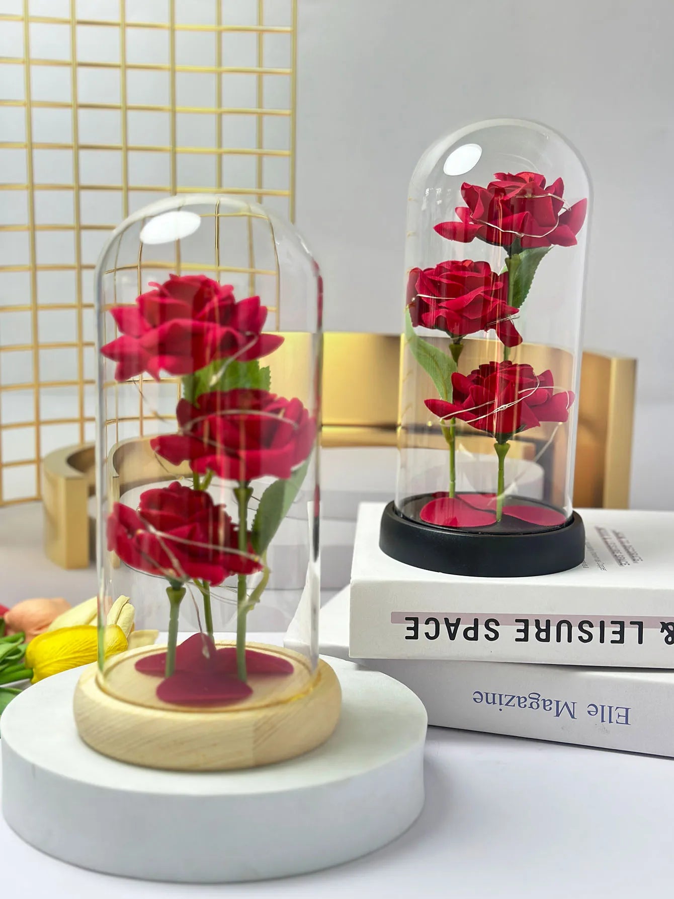 1PC Valentine's Day artificial flowers three rose glass cover Mother's Day wedding season Valentine's Day gift for his wife.