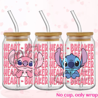 Valentine's Day Stitch 16oz UV DTF Cup Wrap Libbey Glass Can Tumbler UV Wrap Transfer Sticker Waterproof Adhesive Without Cup